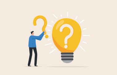 Solving business problems. Decisions and solutions using ideas. Businessman stand with question mark sign and light bulb.