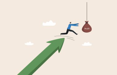 Success trader make profit. Profit from the stock market uptrend.  Choosing to hold cash assets. Investors jump from the green arrow chart to grab cash.