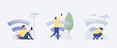 Young man looking for a wifi signal outdoors. Vector illustration