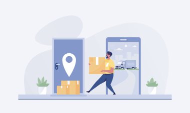 Courier delivering order to customer door. vector illustration