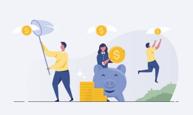 businessman trying to catch flying money A coin with wings flies over a piggy bank. money making concept vector illustration