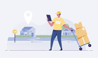 The courier walked to the customer's location. Delivery man and trolley transporting parcel boxes. vector illustration.