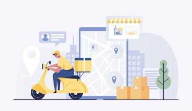 Delivery man diving motorcycle or scooter with map screen on tablet . vector illustration