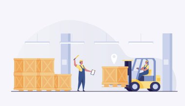Warehouse man worker in uniform driving forklift truck stacking modern box boxes. vector illustration