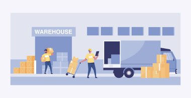 Large warehouse with transport vehicles big truck. vector illustration