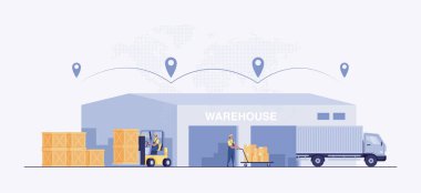 Depo binaları, forklift, kamyon ve kutularla dolu raflar olan depo endüstrisi. Vektör illüstrasyonu