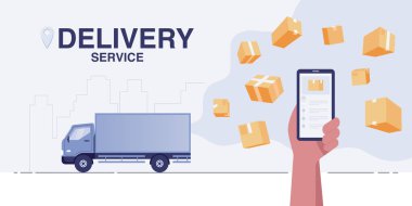 Delivery truck concept. Fast delivery service app on smartphone.
