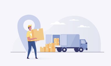 Courier with the parcel on the background of the delivery service van.