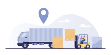 Forklift palet kutularını kamyona yüklüyor.