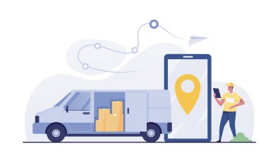 Fast delivery service by van. Car with stack of parcels and smartphone with mobile app.