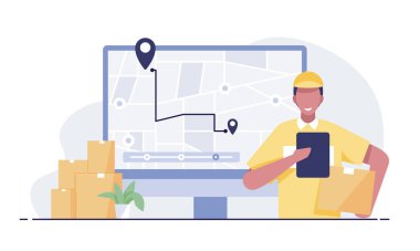 Delivery man carrying parcels to GPS map laptop screen background.