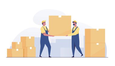 Men Delivery service with boxes. Warehouse workers.
