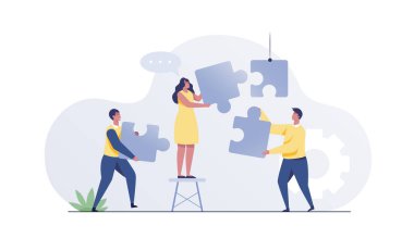Business People Holding the big jigsaw puzzle piece. Teamwork, business cooperation concept.