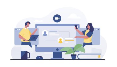 Video conferencing virtual meeting desktop vector illustration.