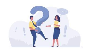 Businessman standing holds question mark illustration