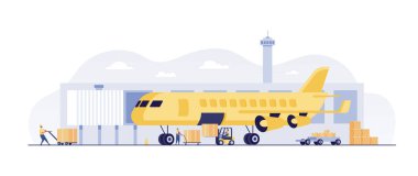 Global logistic, transportation. Air freight logistics. airplane, warehouse and parcel box.