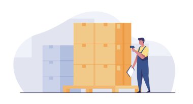 Warehouse worker checking goods pallet on a robot with barcode scanner.