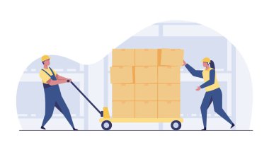 Warehouse worker. Hand pallet truck with cardboard boxes.
