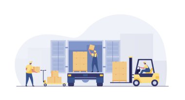 Depo çalışanları malları kamyonla kontrol edip teslim ediyor..