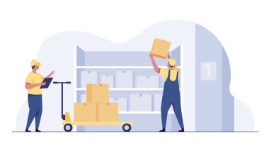Warehouse worker checking boxes. Distribution and Delivery Storage concept.