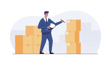 Businessman checking packages. vector illustration