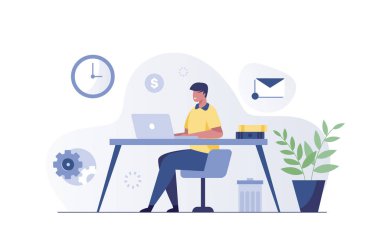 Handsome man is working at his laptop. Modern home office interior with work process icons on the background