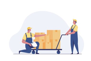 Worker loading boxes on carrier and checking parcel.