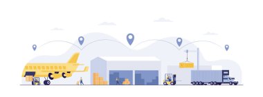 Transport plane plane express delivery prepare flight airport air cargo international transport concept . forklift loading parcel box.