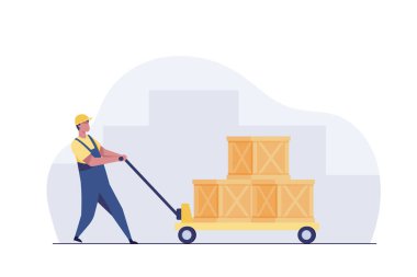 delivery man rolling cardboard box cargo trolley pushcart.