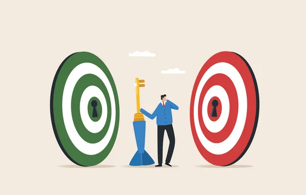 Business goals. Deciding on the choice of goals or target. Concentrate on business objective. Use strategies that match  business goals. A businessman holding a giant key is deciding to aim at a large target.