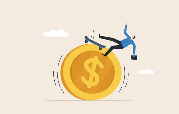 Exchange rate changes. Inflation, interest rates, economic crises. Government monetary policy adjustment. Businessman is surfing or skateboard on coins.