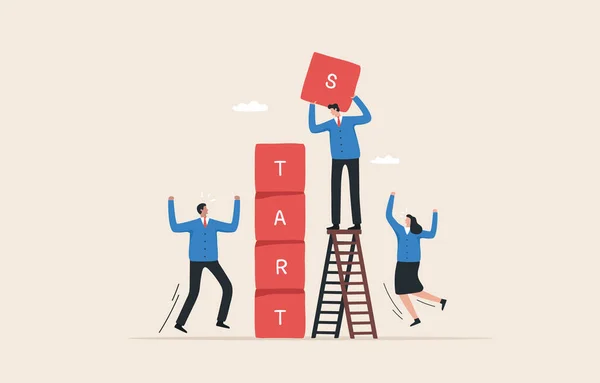 Starting a business team. start new job or career. plan for business direction. Success of the team together. People  connect puzzle elements with the word start.