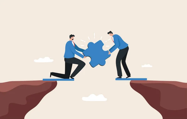 Business challenge solution. ability to overcome the crisis. Jigsaw puzzle for success. Two businessmen connect a jigsaw puzzle to form a bridge.