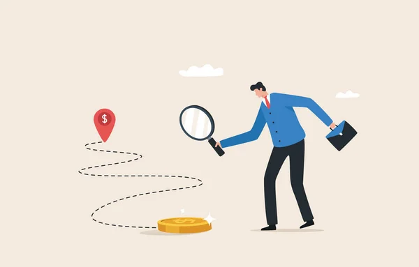 Financial navigation. Path to financial success. Earning extra income or increasing salary. direction of the company growth. Businessman holding a magnifying glass to search and track the trace of money.