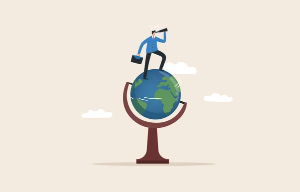 Global Economy Concepts or Business Opportunities. Businessmen standing on earth use telescopes to see visions or future business opportunities.