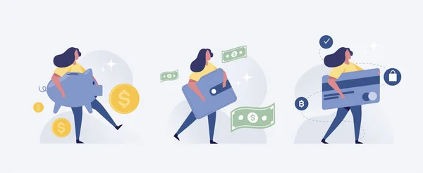 Money People Concept Woman Holding Money Credit Card Vector Illustration — Stockfoto