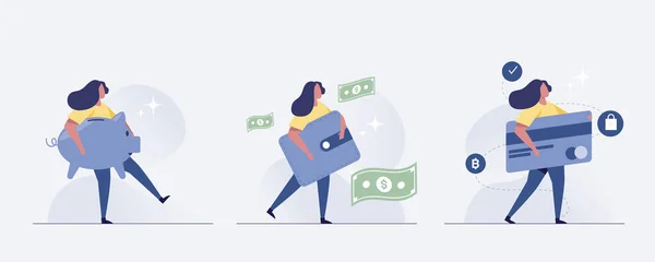 Money People Concept Woman Holding Money Credit Card Vector Illustration — Stockfoto