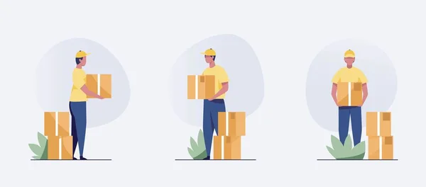 Men Characters Parcels Packages Boxes Courier Delivery Service Vector Illustration — Stok fotoğraf