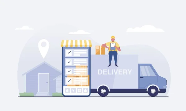 Online Delivery Van Service Concept Box Delivery Man Find Customer — стоковое фото