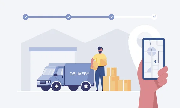 Customer Using Mobile App Tracking Order Delivery Vector Illustration — ストック写真