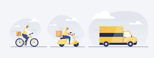 Online Delivery Service Concept Delivery Man Truck Scooter Bike Delivery — Stok fotoğraf