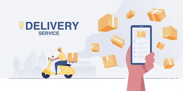 The driver delivers parcels with a scooter. express delivery service concept distribution delivery. vector illustration.