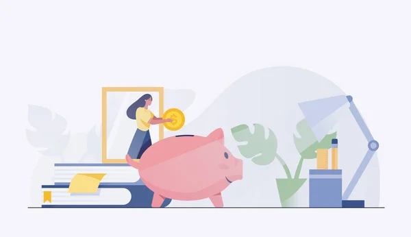 Female Saving Money Piggy Bank Concept Vector Illustration —  Fotos de Stock