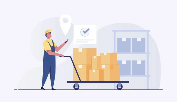 Warehouse Man Worker Cart Load Phone Hand Warehouse Vector Illustration — Stockfoto