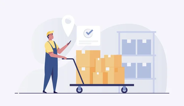 Warehouse man worker with a cart with a load with a phone in hand, in a warehouse. vector illustration