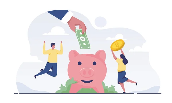 Big Hand Businessman Holds Coin Cash Puts Piggy Bank Family — стоковое фото