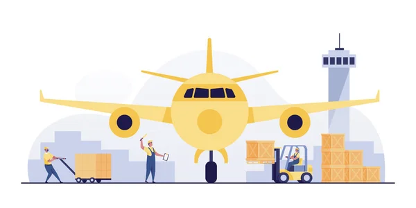 Male worker in uniform is loading boxes from the forklift to plane. Concept of air freight.