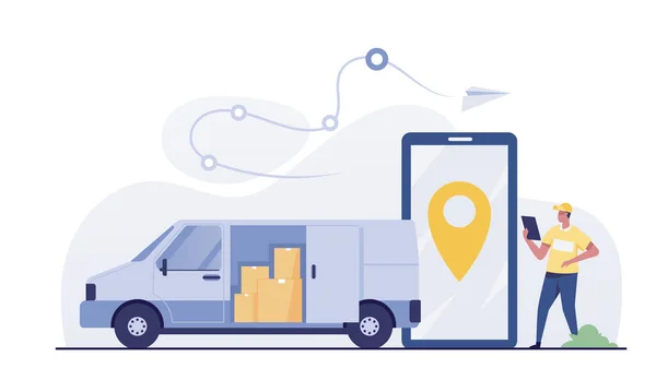 Fast Delivery Service Van Car Stack Parcels Smartphone Mobile App — Stok fotoğraf
