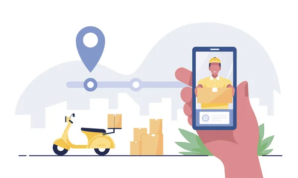 Hand Holding Mobile Application Tracking Delivery Man — Stok fotoğraf