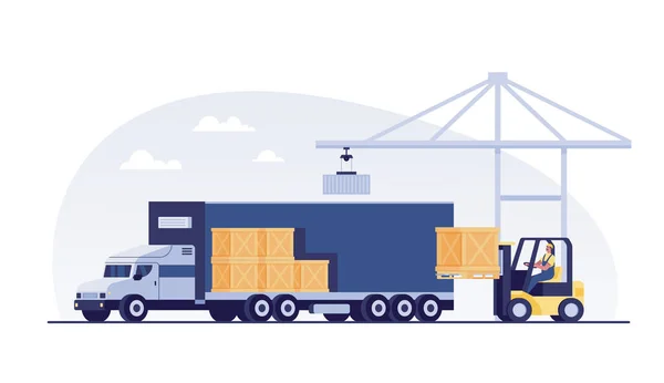 Forklift Loading Pallet Boxes Truck Vector Illustration — Stockfoto
